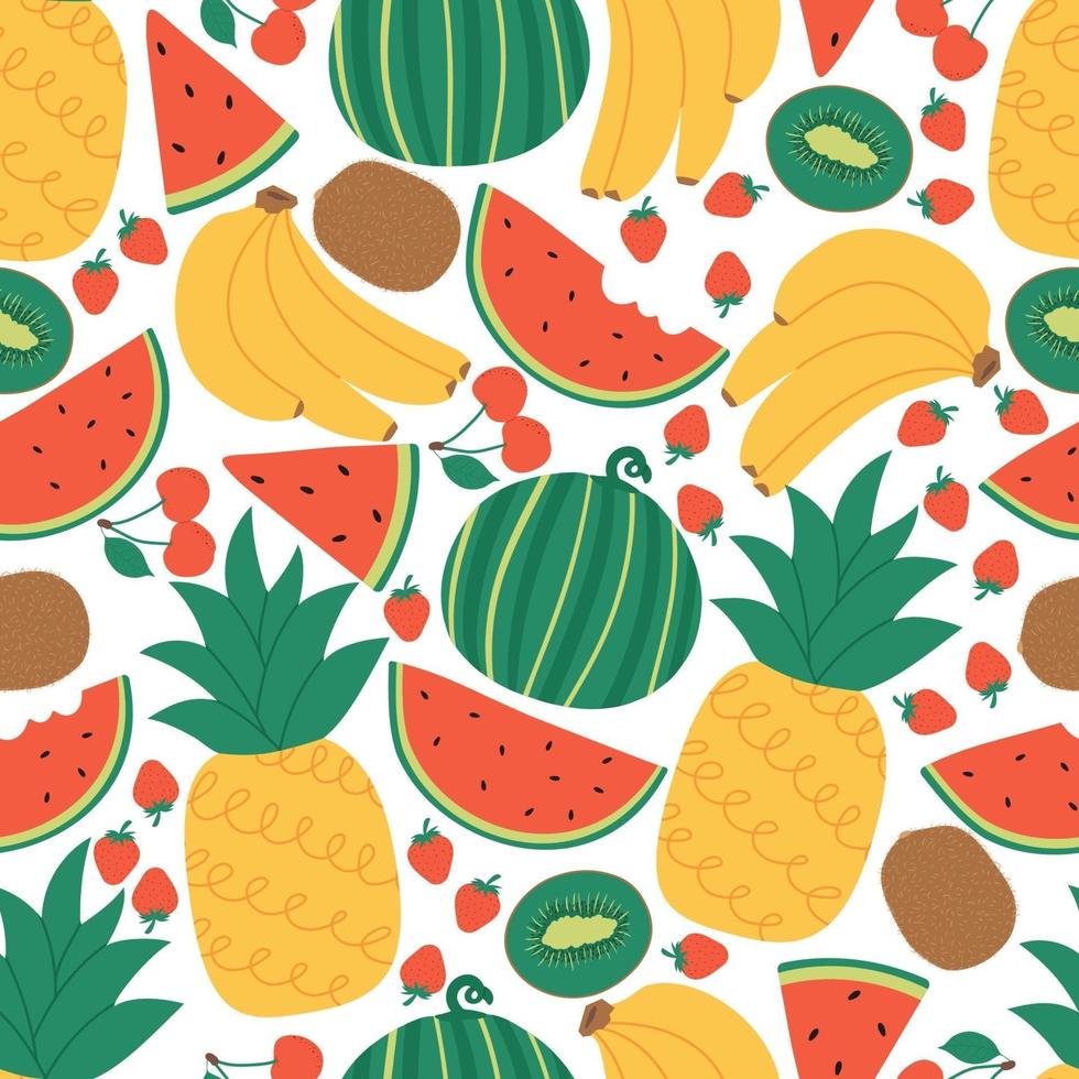 naadloos vectorfruitpatroon. verse ananas, banaan, aardbei, kers, watermeloen en kiwi. zomer concept hand getekende illustratie. vector