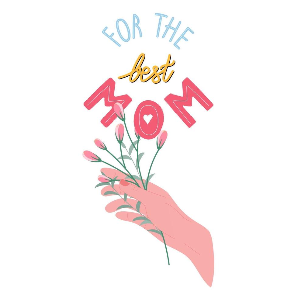 leuke hand getrokken vectorwenskaart voor de viering van de moederdag. boeket elegante lentebloemen in de hand en voor de beste moederbelettering. vector