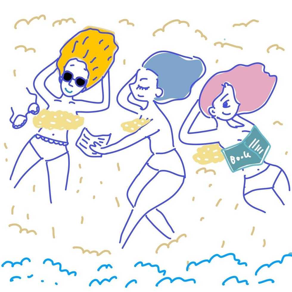 schattige drie meisjesachtige bikini ontspannen op het strand in de zomer met de hand getekende cartoon vector