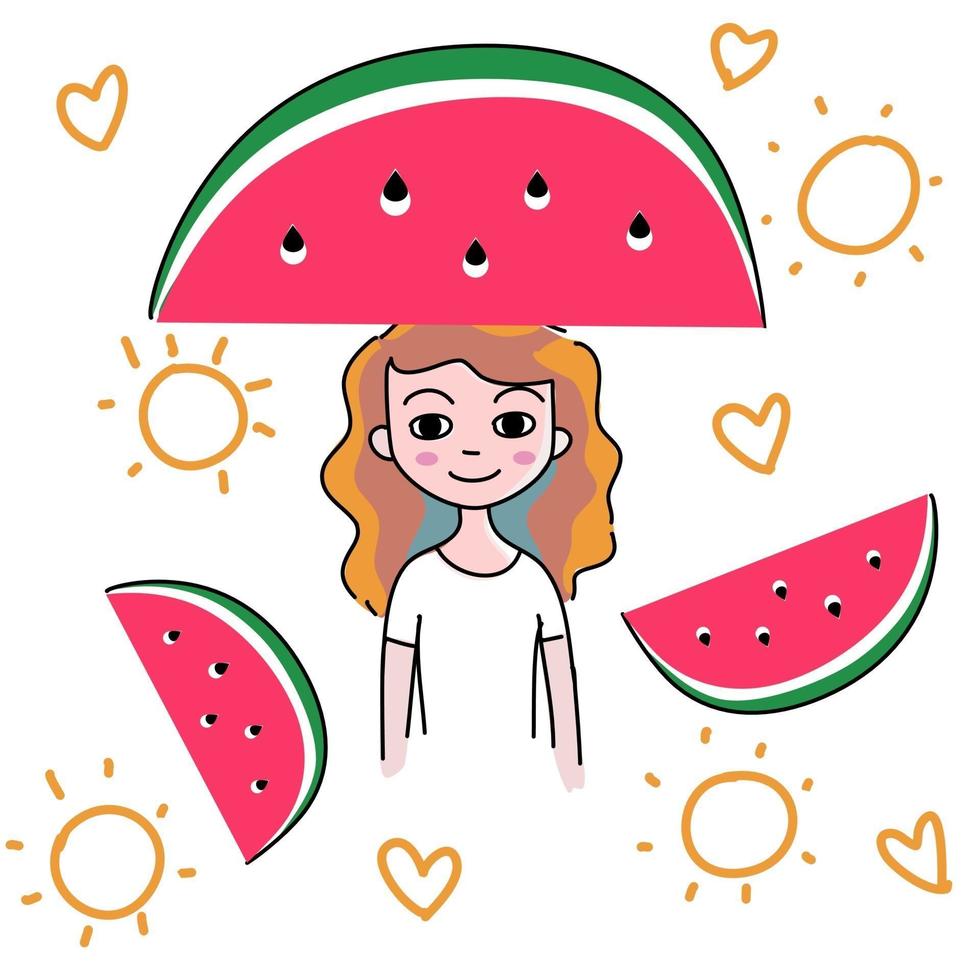 meisje met watermeloen in de zomer met de hand getekende cartoon vector