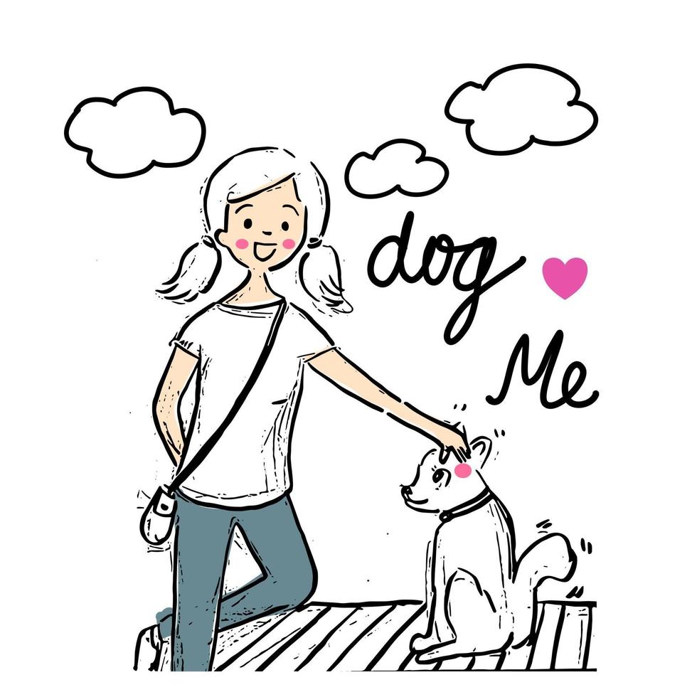 meisje en hond hand getekende cartoon vector in retro stijl