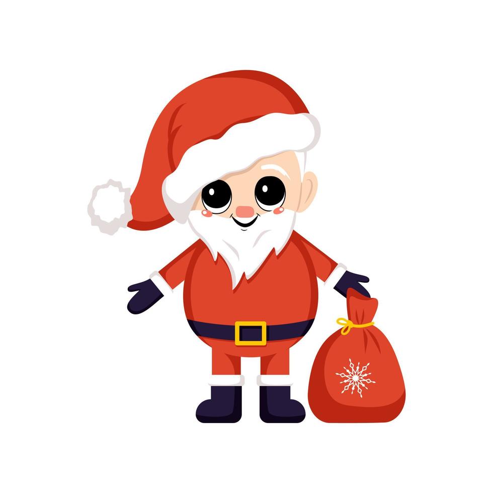 Kerstman in rood kostuum en hoed met zak met geschenken. symbool van nieuwjaar en kerstmis. schattig karakter met blije emoties en glimlach vector