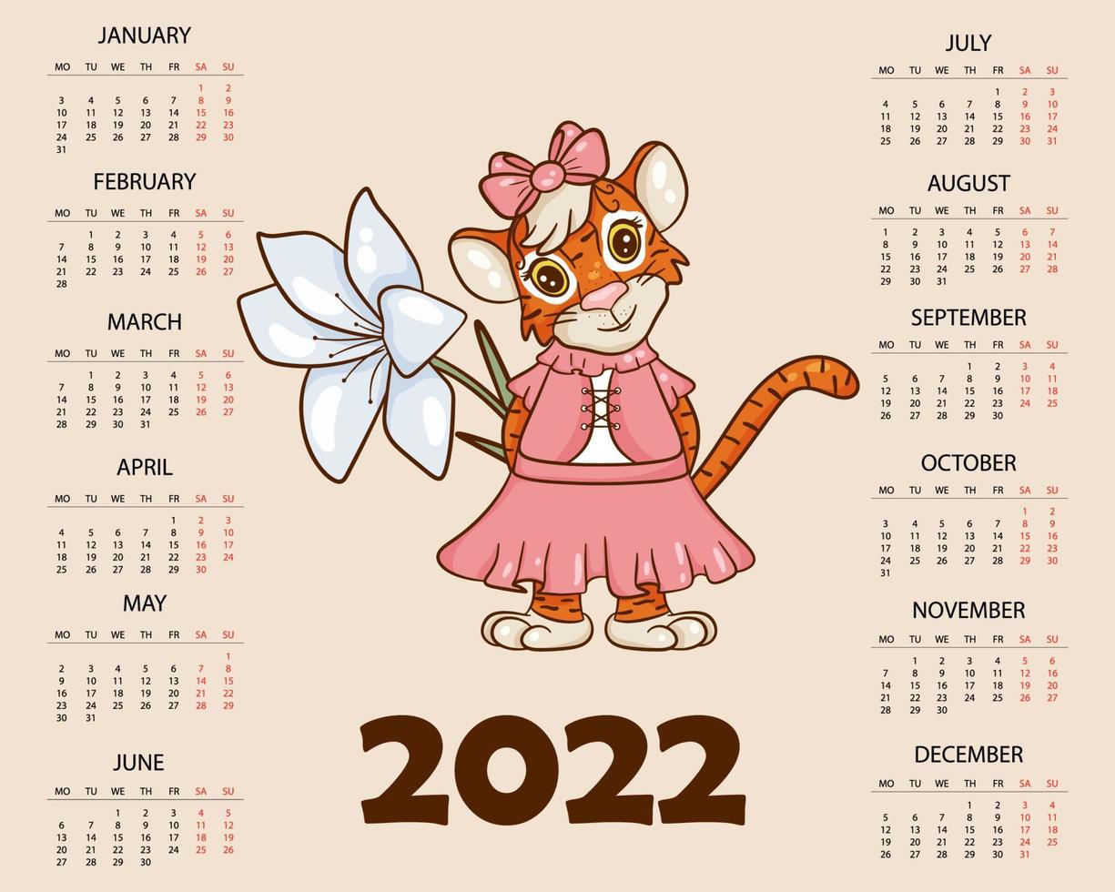 kalenderontwerpsjabloon voor 2022, het jaar van de tijger volgens de chinese of oosterse kalender, met een illustratie van de tijger. horizontale tafel met kalender voor 2022. vector