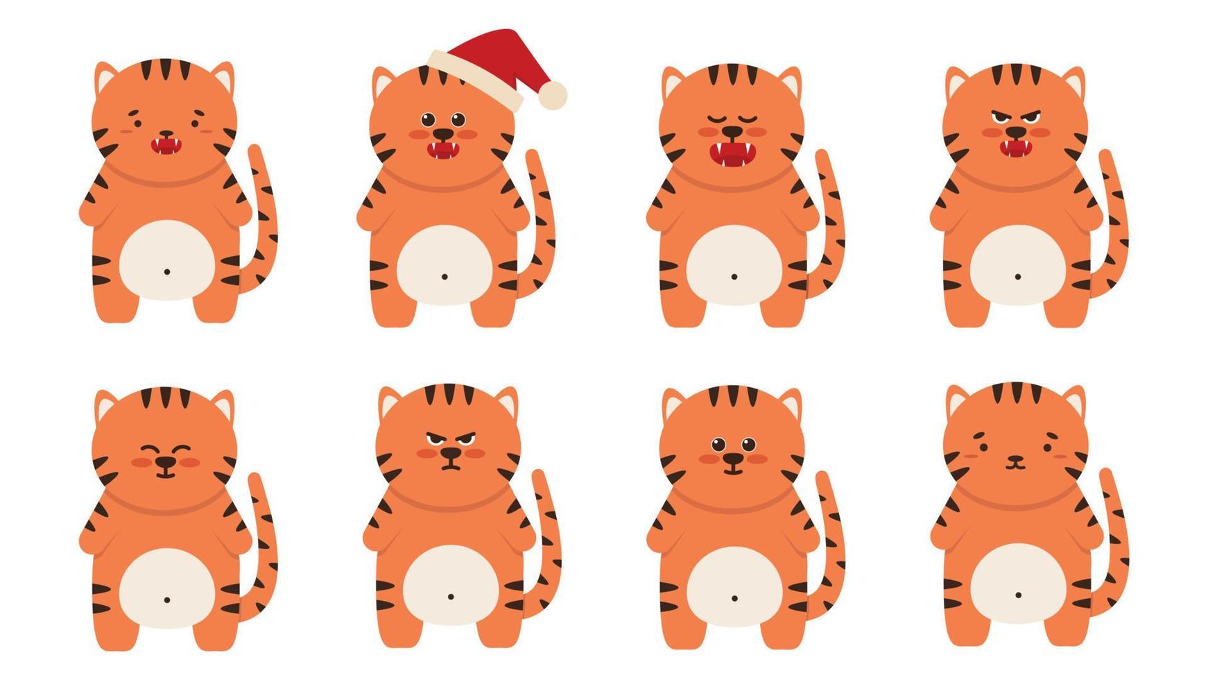 set van schattige kleine tijgers katten in een vlakke stijl. dierlijk symbool voor chinees nieuwjaar 2022. een boze norse oranje tijger staat en zit met een vis. voor een spandoek, kinderdecor. vectorillustratie. vector