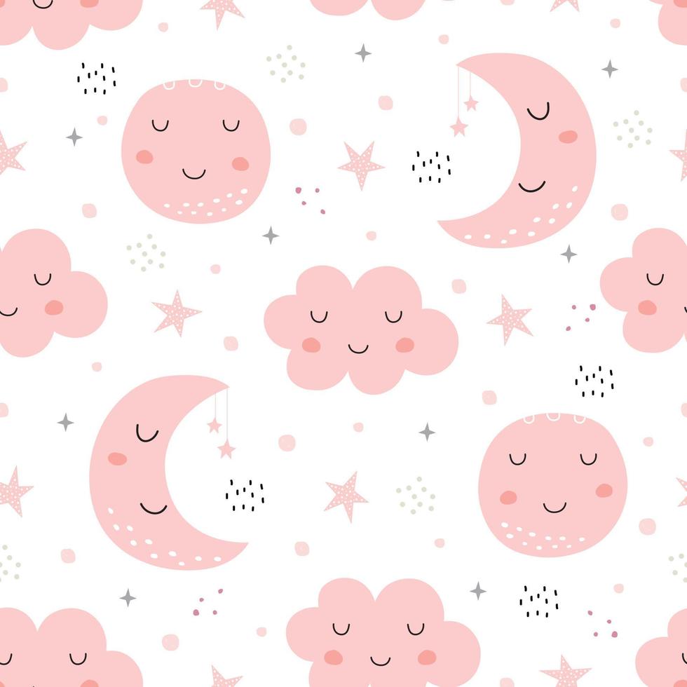 naadloze patroon, hemel met wassende maan en roze wolken op witte achtergrond hand getekende ontwerp in cartoon stijl, gebruik voor print, decoratie behang, cadeaupapier, textiel. vector illustratie