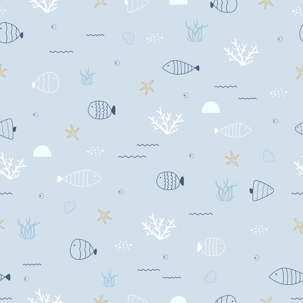 naadloze patroon cartoon achtergrond zeeleven met vissen en koralen hand getekende ontwerp in kinderstijl, gebruik voor print, behang, stof, mode, textiel. vector illustratie