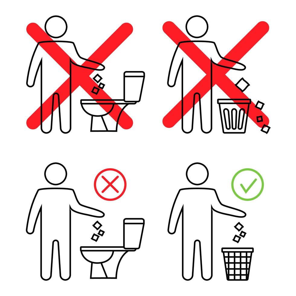geen rommel op het toilet. toilet geen afval. het schoon houden. man rommelt in toilet. verboden pictogram. afval in een prullenbak gooien. vector