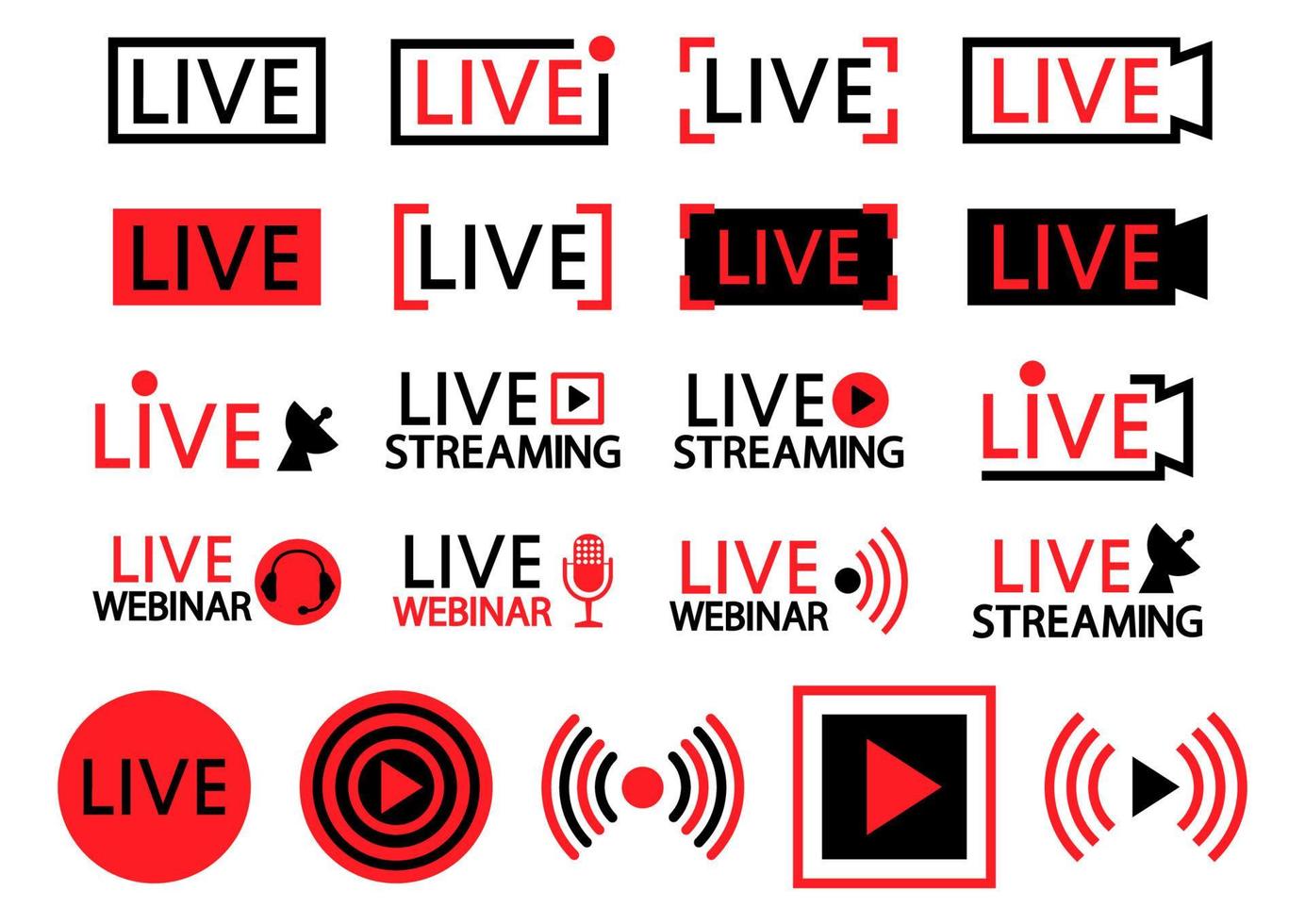 set van live streaming iconen. zwarte en rode symbolen en knoppen van live streaming, uitzending, online stream, online webinar. onderste derde sjabloon voor tv, shows, films en live optredens vector