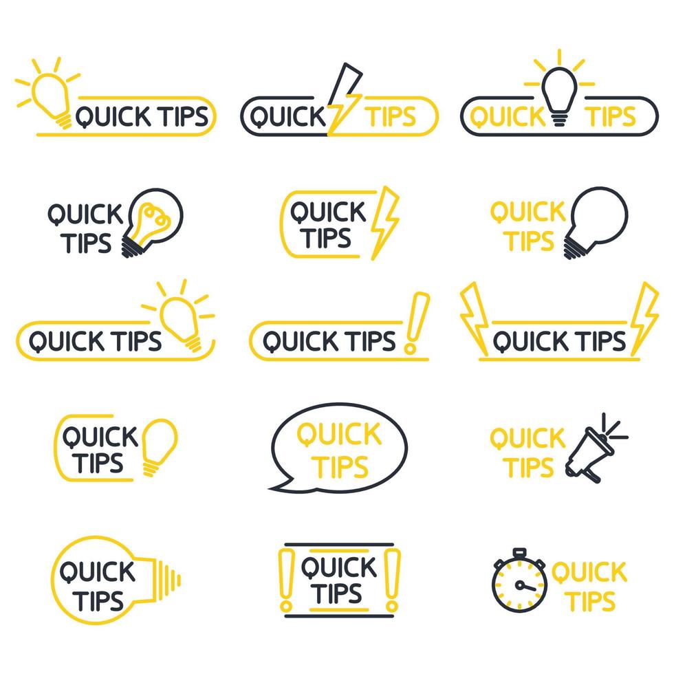 snelle tips, handige trucs, tooltip, hint voor website. trucs snelle tip oplossing logo's nuttig advies tekstvormen. vector icoon van oplossing, advies. nuttig idee, oplossing. bewerkbare streek