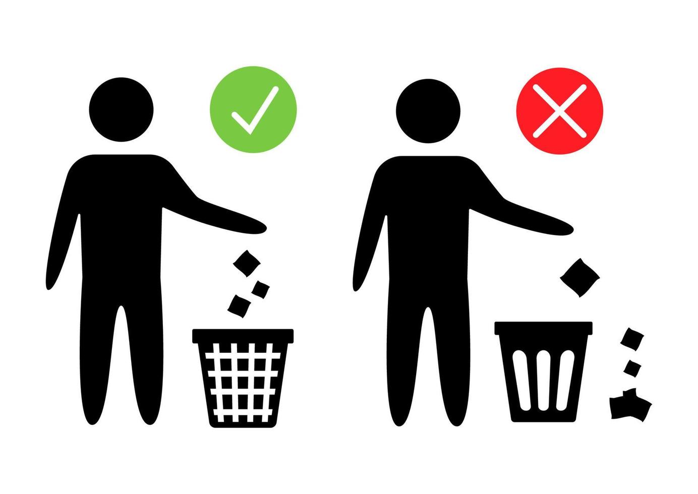 het schoon houden. verboden pictogram. pitch in zet afval op zijn plaats. netjes man of geen afval, symbolen, schoon houden en zorgvuldig en bedachtzaam weggooien vector