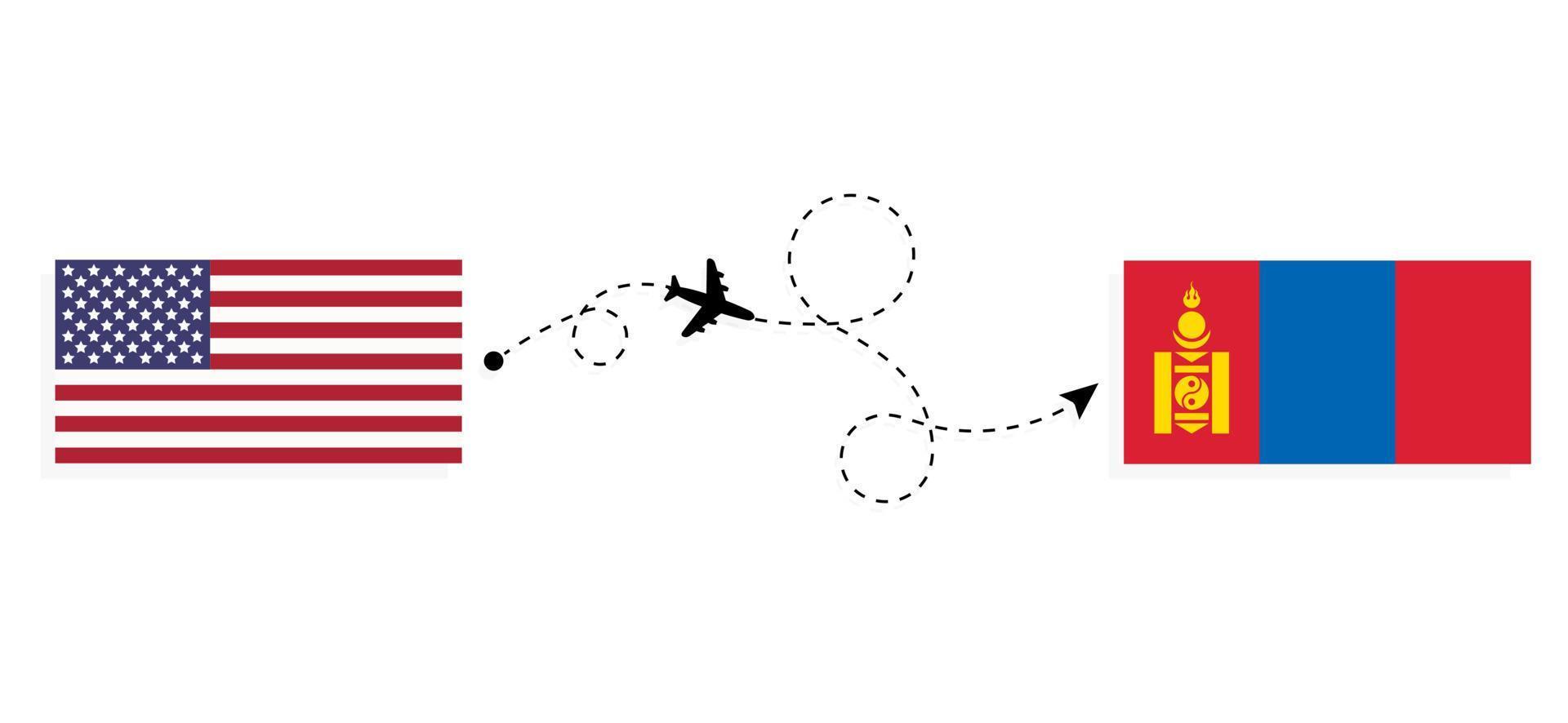 vlucht en reis van de VS naar Mongolië per reisconcept voor passagiersvliegtuigen vector