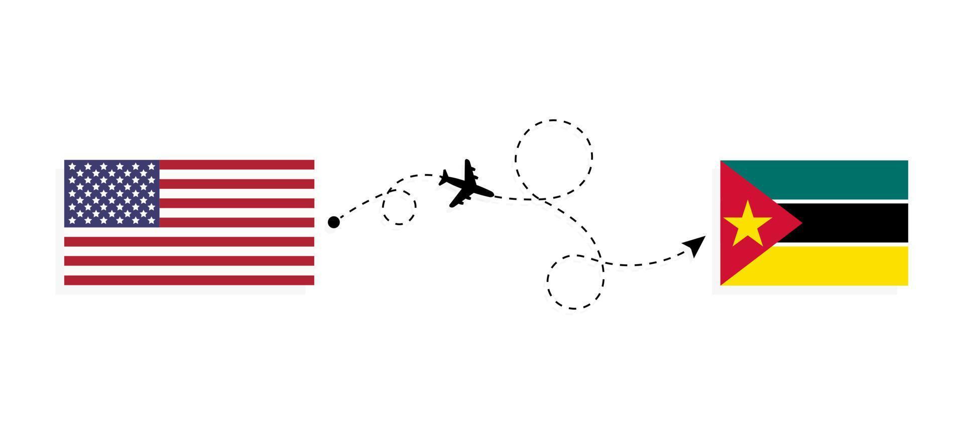 vlucht en reis van de VS naar Mozambique per reisconcept voor passagiersvliegtuigen vector