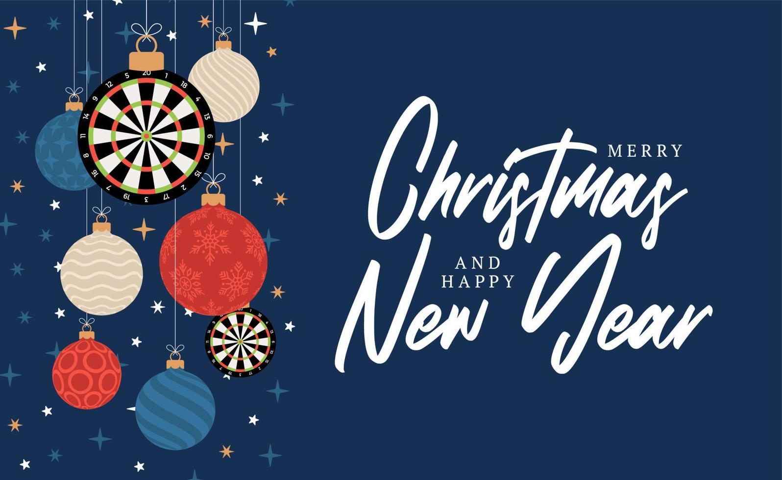 dart kerstkaart. vrolijk kerstfeest sport wenskaart. hang op een draad dartbord als een kerstbal en gouden kerstbal op zwarte achtergrond. sport vectorillustratie. vector