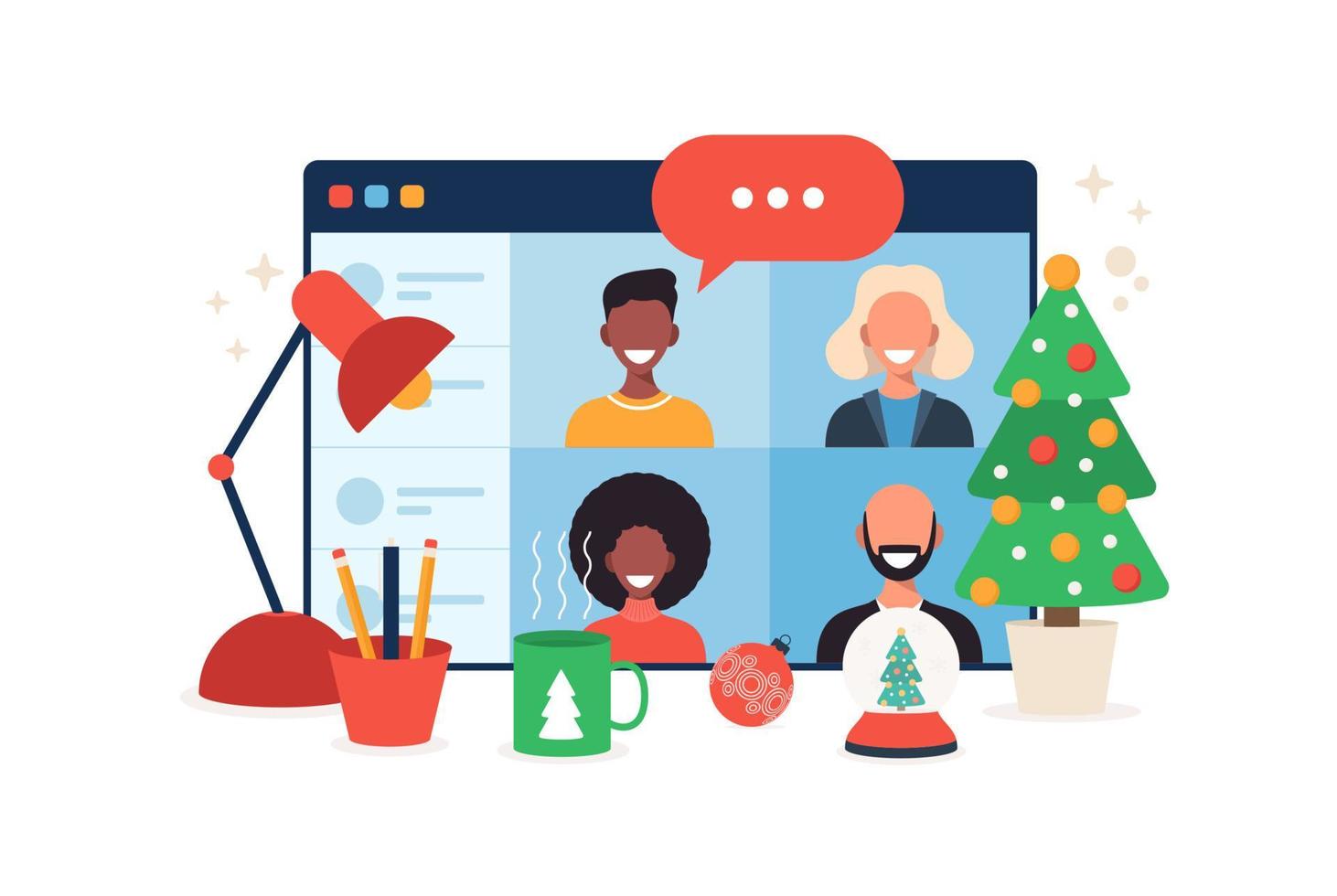 online kerstviering illustratie op tablet. vrolijk kerstfeest nieuw normaal concept met conferentie. een groep mensen in winterpakken ontmoeten elkaar online via videoconferentie. vector