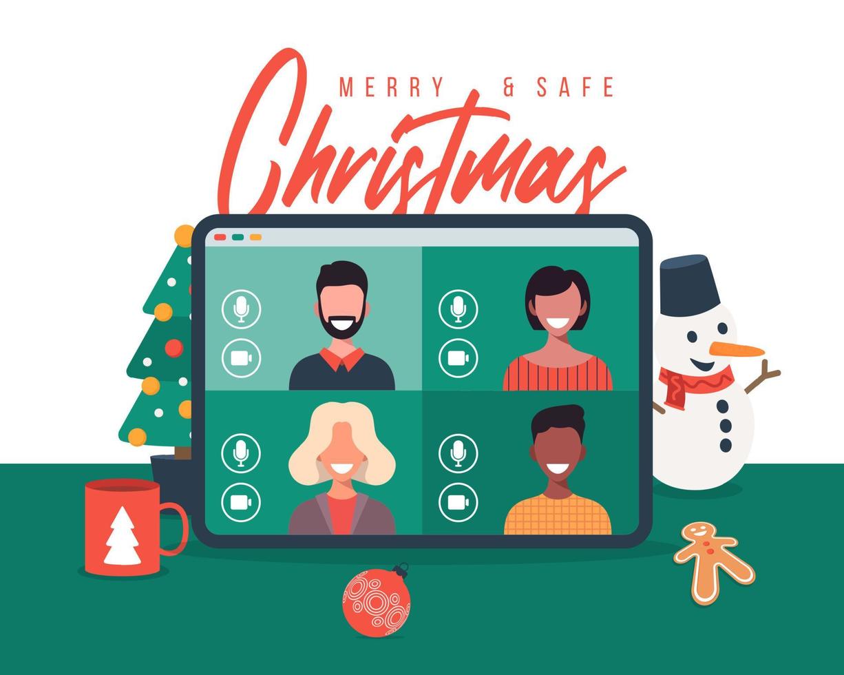 online kerstviering illustratie op tablet. vrolijk kerstfeest nieuw normaal concept met conferentie. een groep mensen in winterpakken ontmoeten elkaar online via videoconferentie. vector