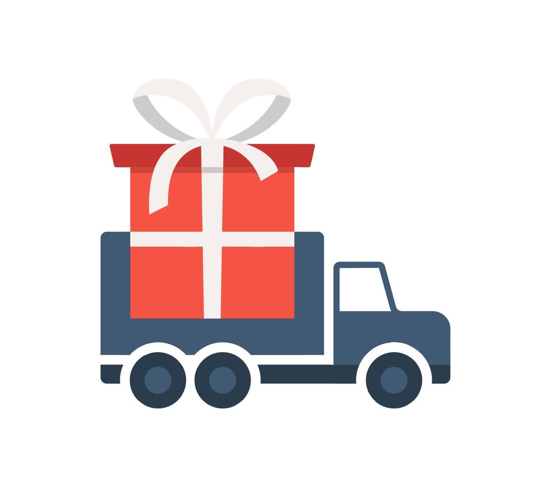 levering van kerstcadeaus. online winkelen logistieke vrachtwagen die cadeaulabel levert. online levering contactloze service aan huis, kantoor per vrachtwagen. vector