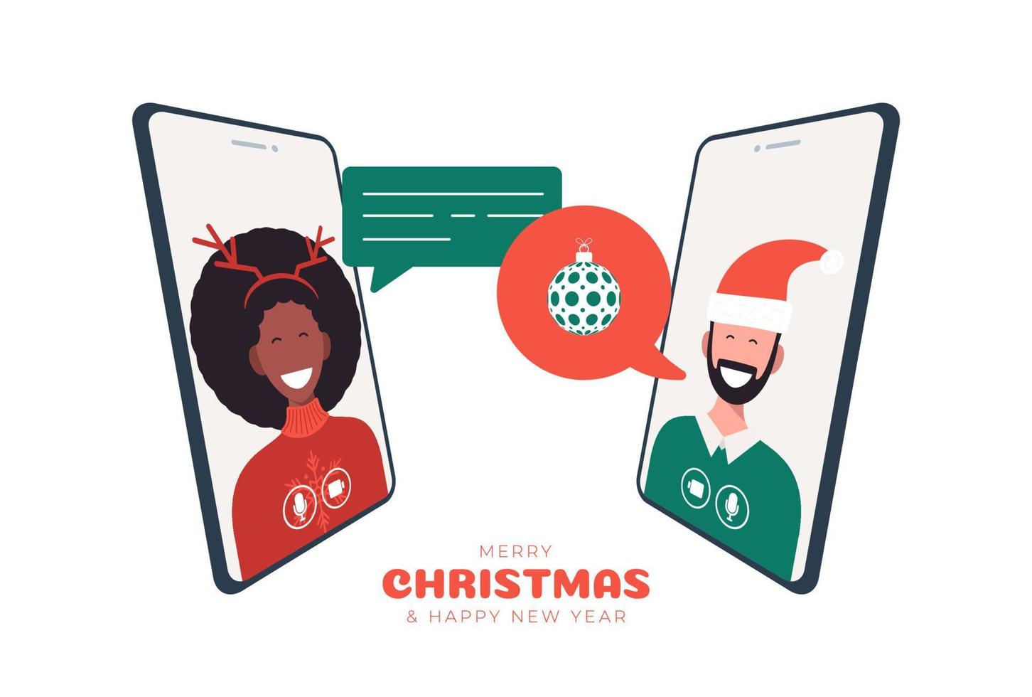 online kerstviering illustratie op telefoon. vrolijk kerstfeest nieuw normaal concept met conferentie. een groep mensen in winterpakken ontmoeten elkaar online via videoconferentie. vector