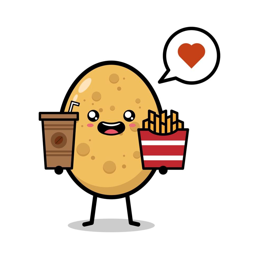cartoon schattige aardappel met voedsel, frietjes en warme koffie op witte achtergrond vector