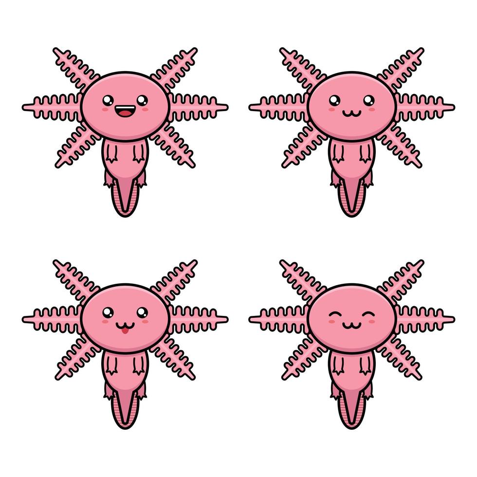 verzameling van schattige cartoon axolotl-dieren met verschillende gezichtsuitdrukkingen op een witte achtergrond vector