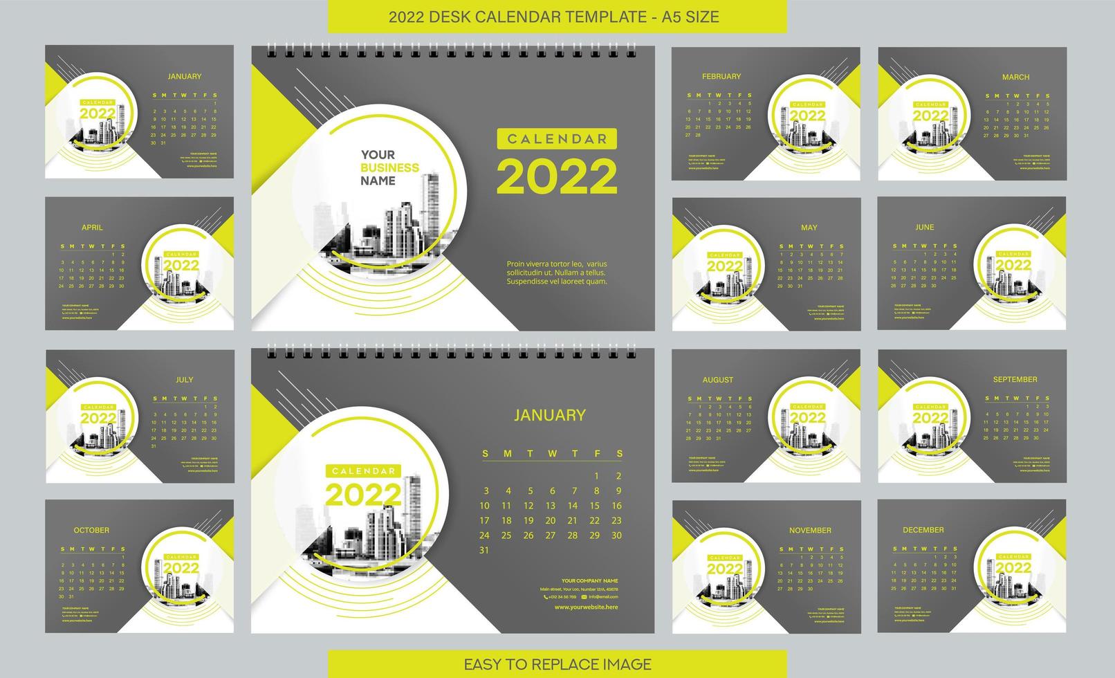 bureaukalender 2022 sjabloon - 12 maanden inbegrepen - a5 formaat vector