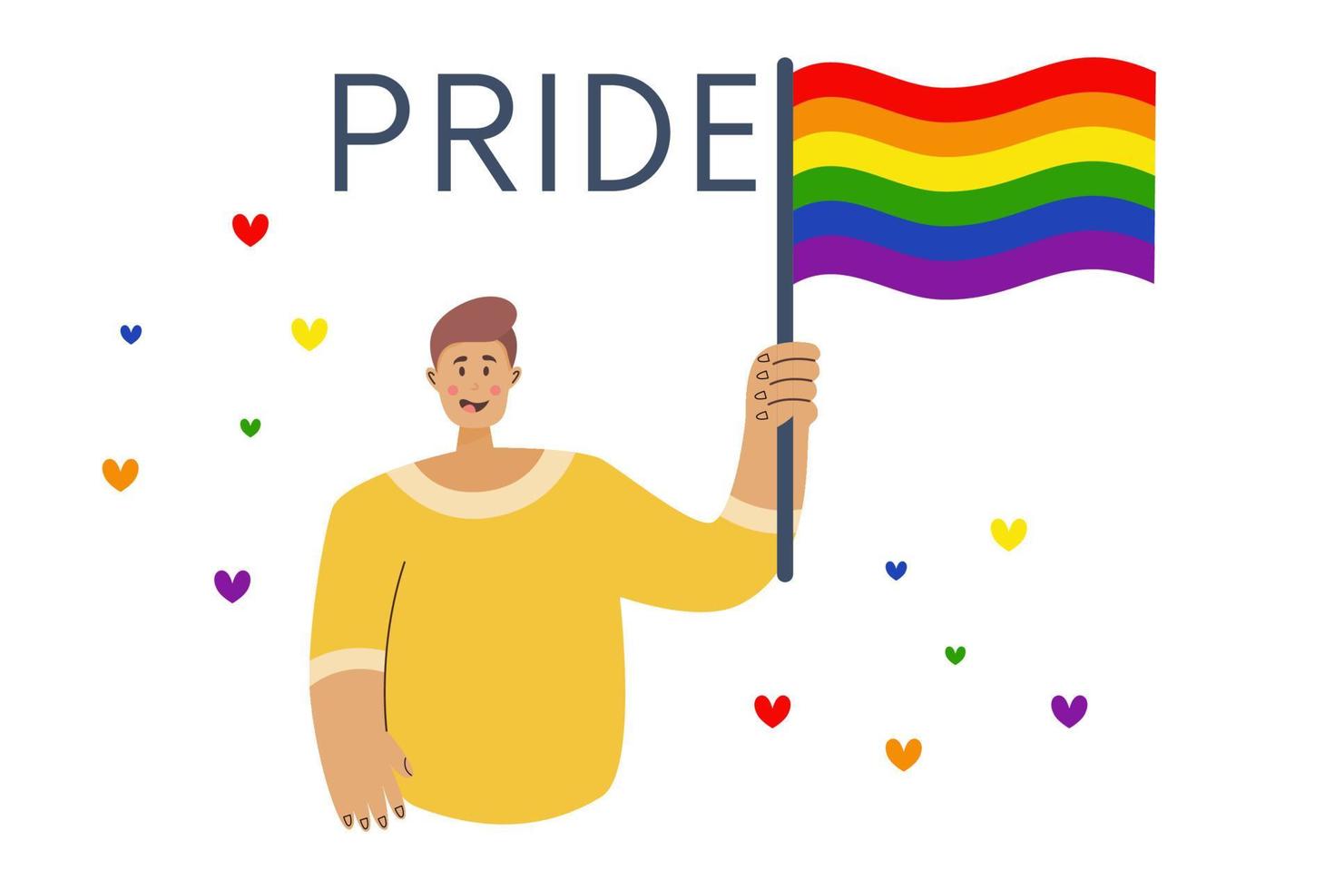 maand van parade. man houdt vlag in lgbt-kleuren. platte vectorillustratie. lesbische homo biseksuele transgender op de parade. begrip diversiteit. vector