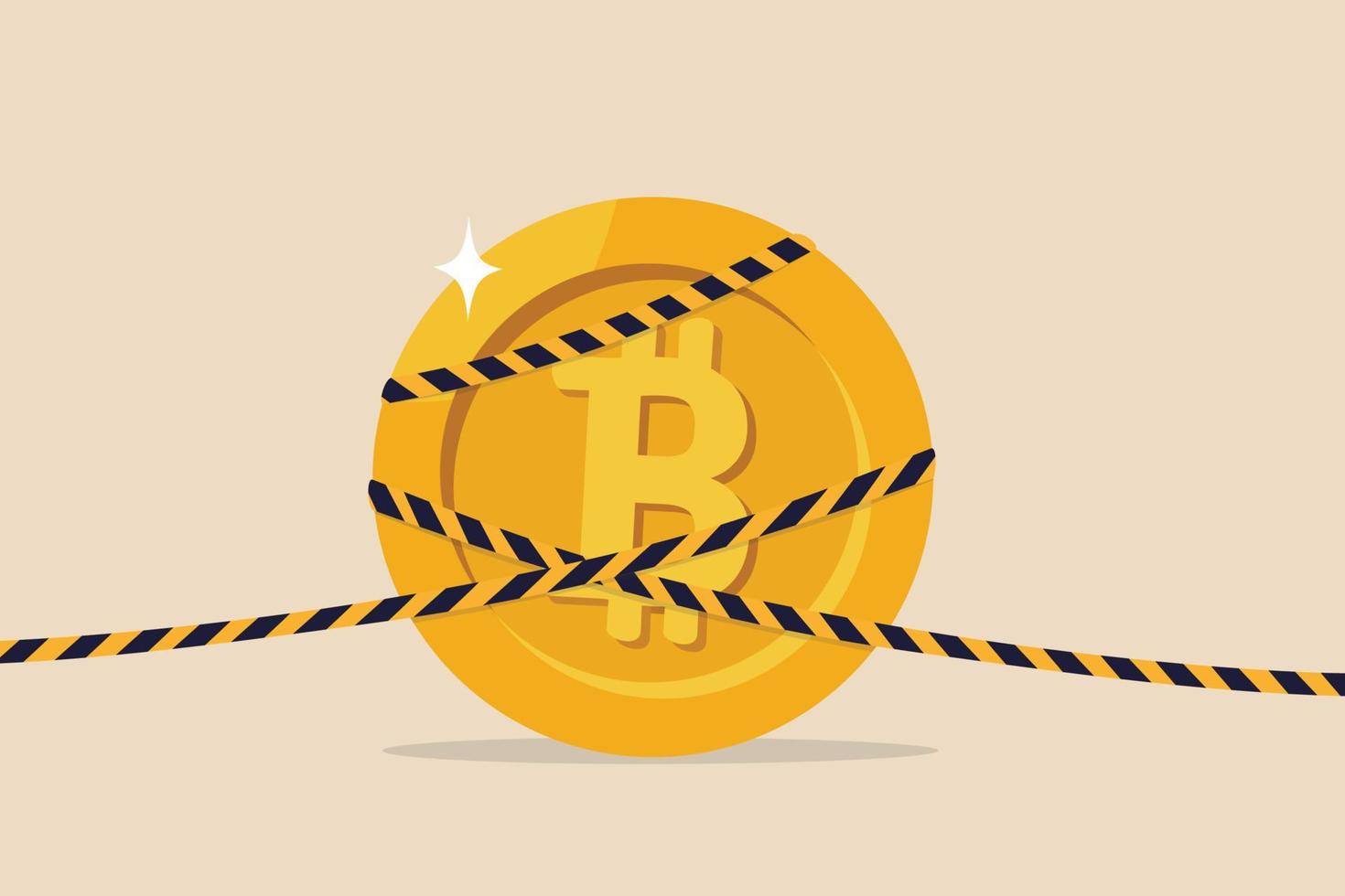 bitcoin crypto-valuta verboden, monetair beleid van de overheid, cryptocurrency-crash of digitaal misdaadonderzoeksconcept, kostbare hoogwaardige bitcoin-wrap met gele tape voor onderzoekscriminaliteit. vector