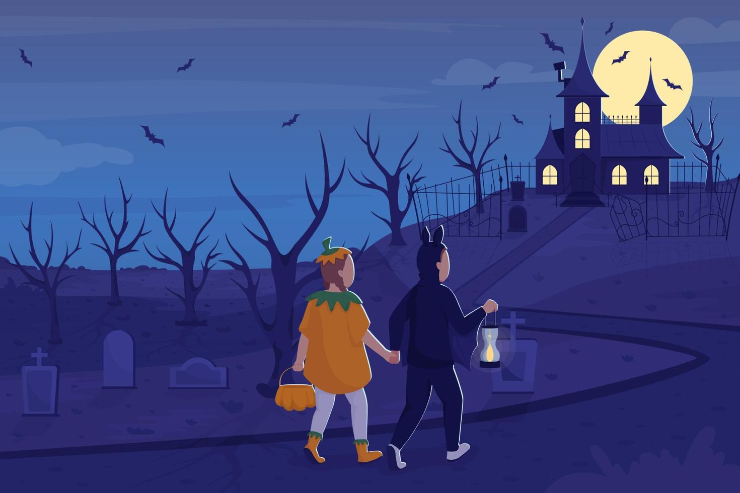 trick or treat in spookhuis op halloween egale kleur vectorillustratie vector