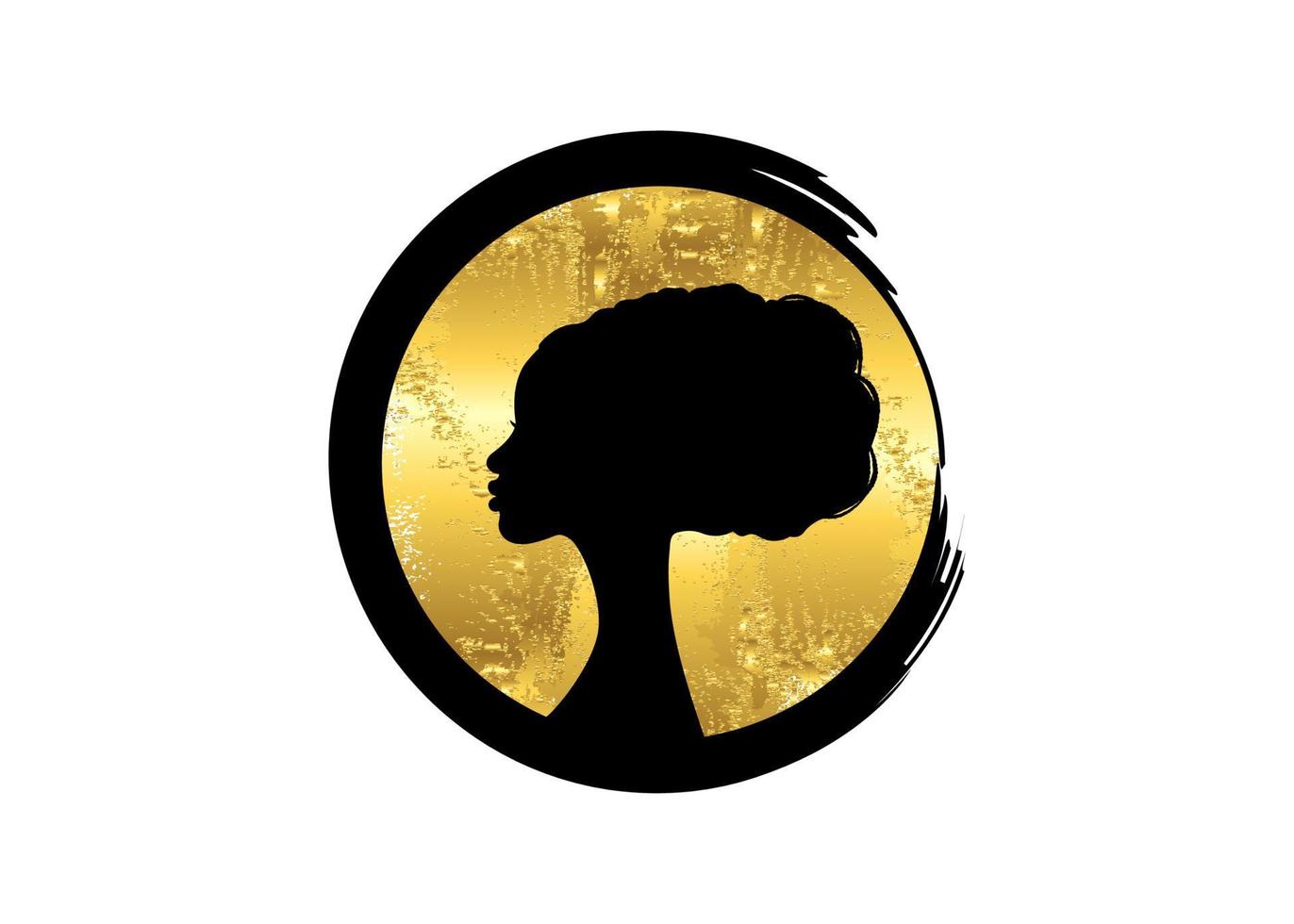 Afro kapsels, portret schoonheid vrouw kapsalon luxe ronde logo ontwerp silhouet, blad goud folie cirkel mode-icoon, vector geïsoleerd op een witte achtergrond