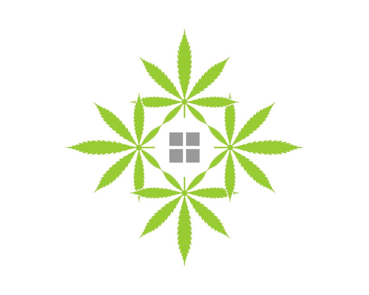 cannabis bladvorm naar een raam vertegenwoordigen huis vector