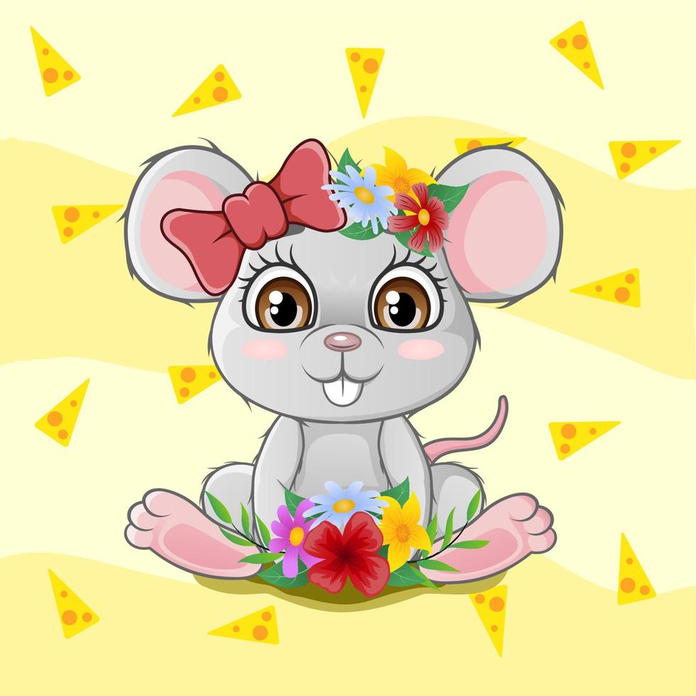 schattige kleine muis zittend met bloemen vector