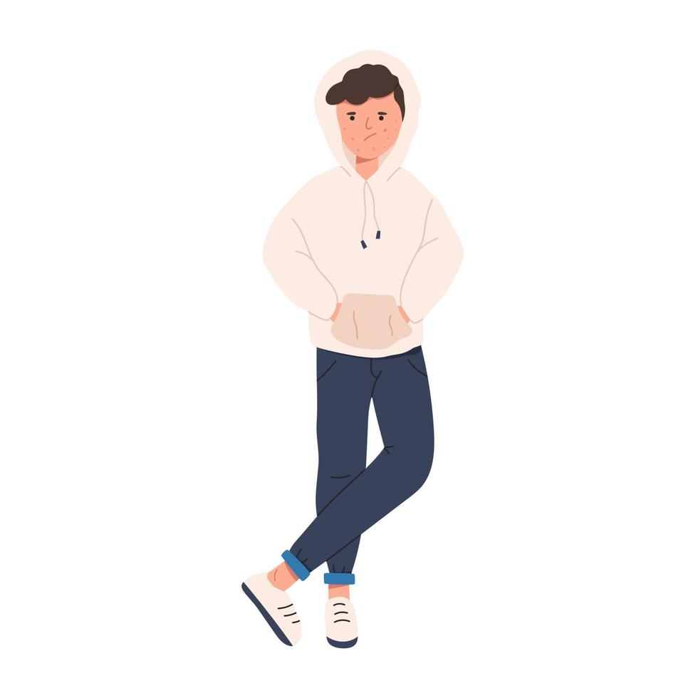 tiener met acne platte vectorillustratie geïsoleerd op een witte achtergrond. overstuur jongen met puistje ontsteking draagt hoodie en spijkerbroek. vector