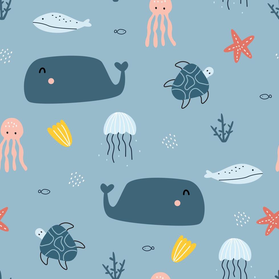 blauwe vinvis naadloze patroon met zeeleven schattige dieren cartoon achtergronden voor prints, wallpapers, kledingstukken, textiel, vectorillustratie vector