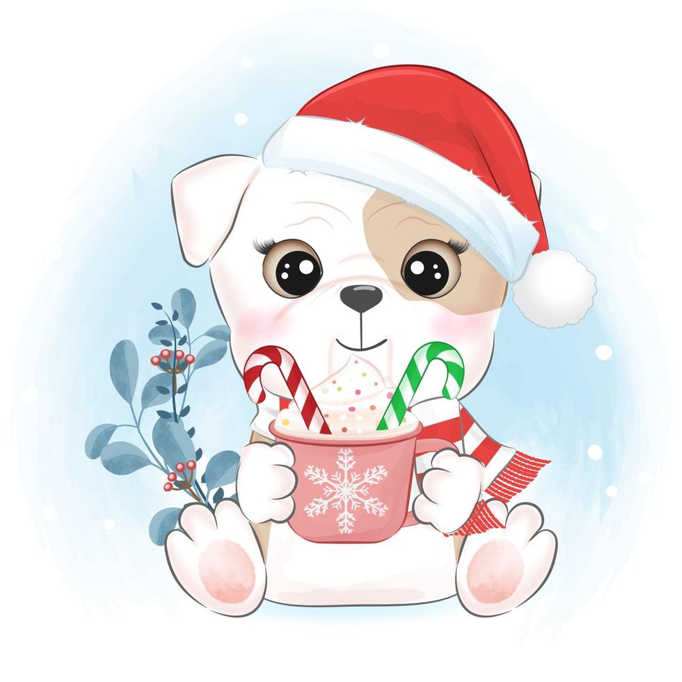 schattige puppy met een kop warme chocolademelk, Kerstmis en Nieuwjaar illustratie vector