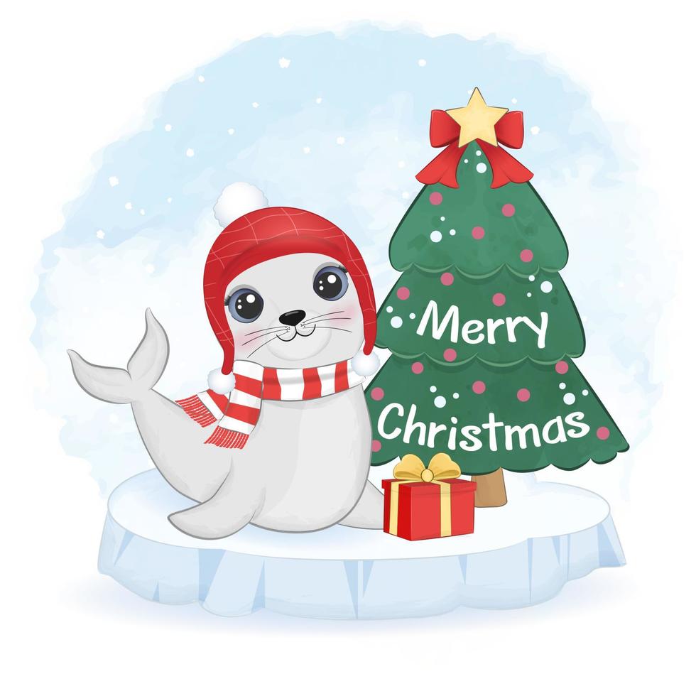 schattige zeehond met geschenkdoos en kerstboom op ijsschots, kerstillustratie vector