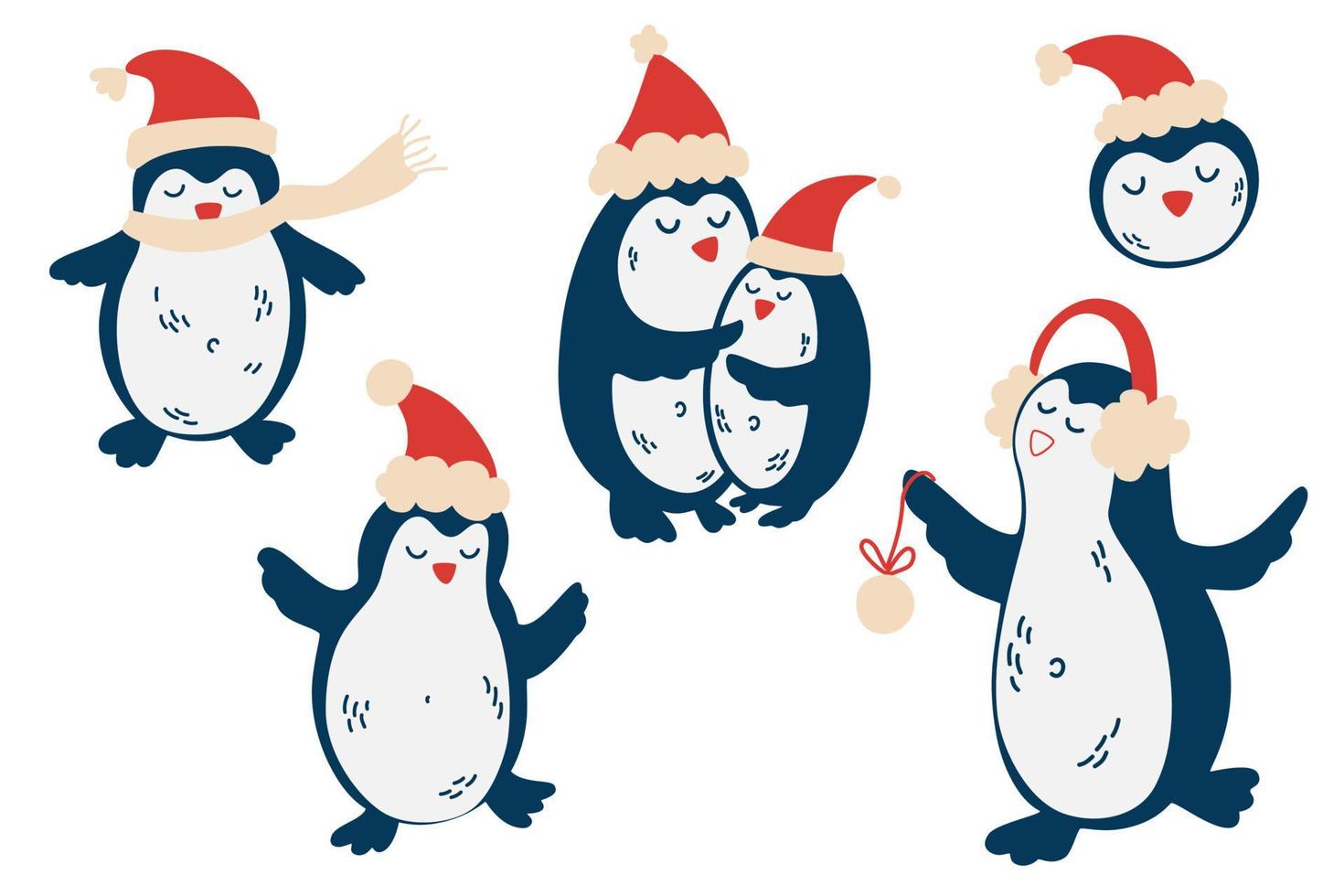 schattige pinguïns in kerstmutsen. geïsoleerde vector set pinguïn dier polar in rode sjaal en muts. kinder nieuwjaarsillustratie voor uitnodigingen, wenskaarten, behang, cadeaupapier.