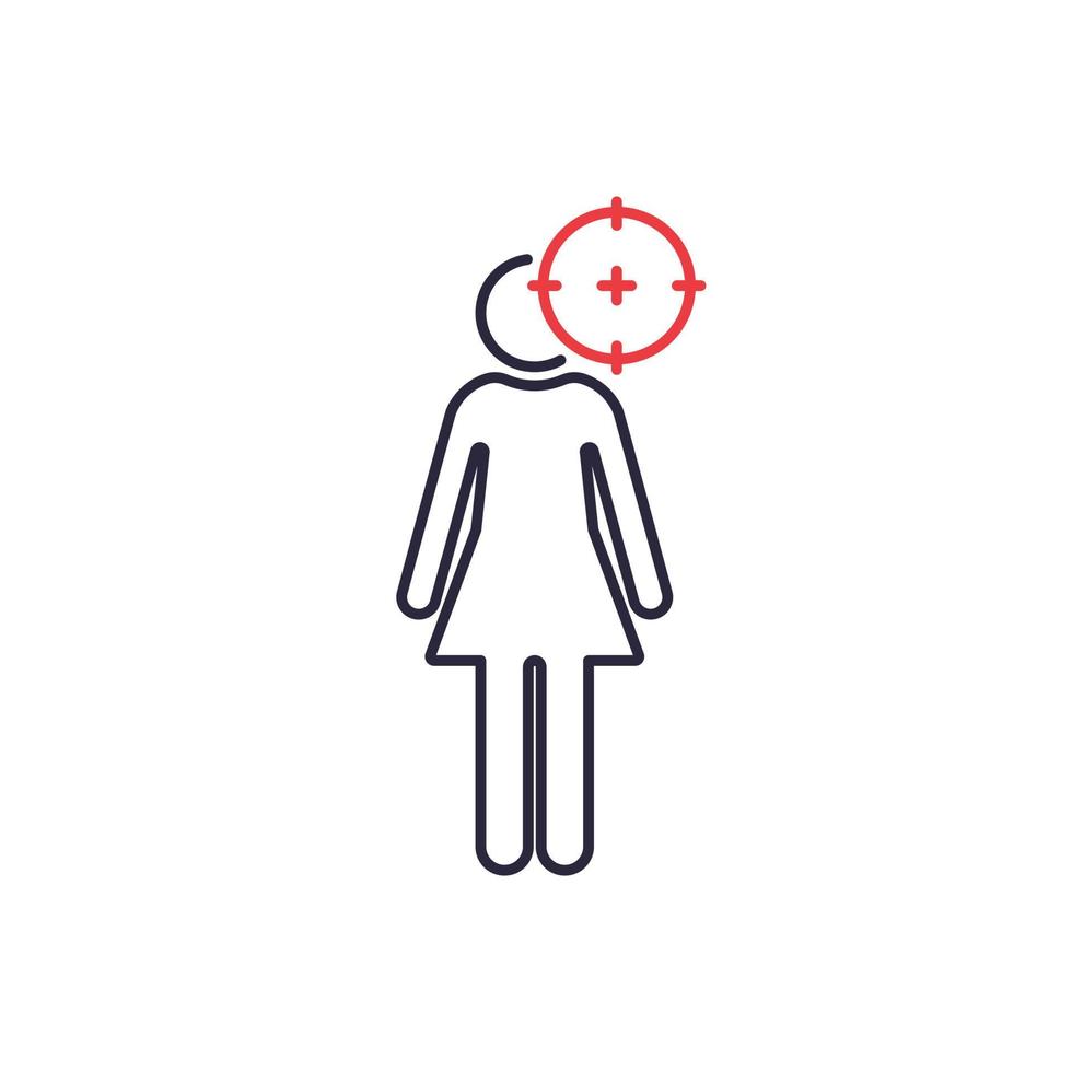 sniper scope gericht op vrouwelijke zwarte lijn icoon. rood doel en vrouwelijk pictogram. huiselijk geweld concept. huiselijk geweld. vector illustratie