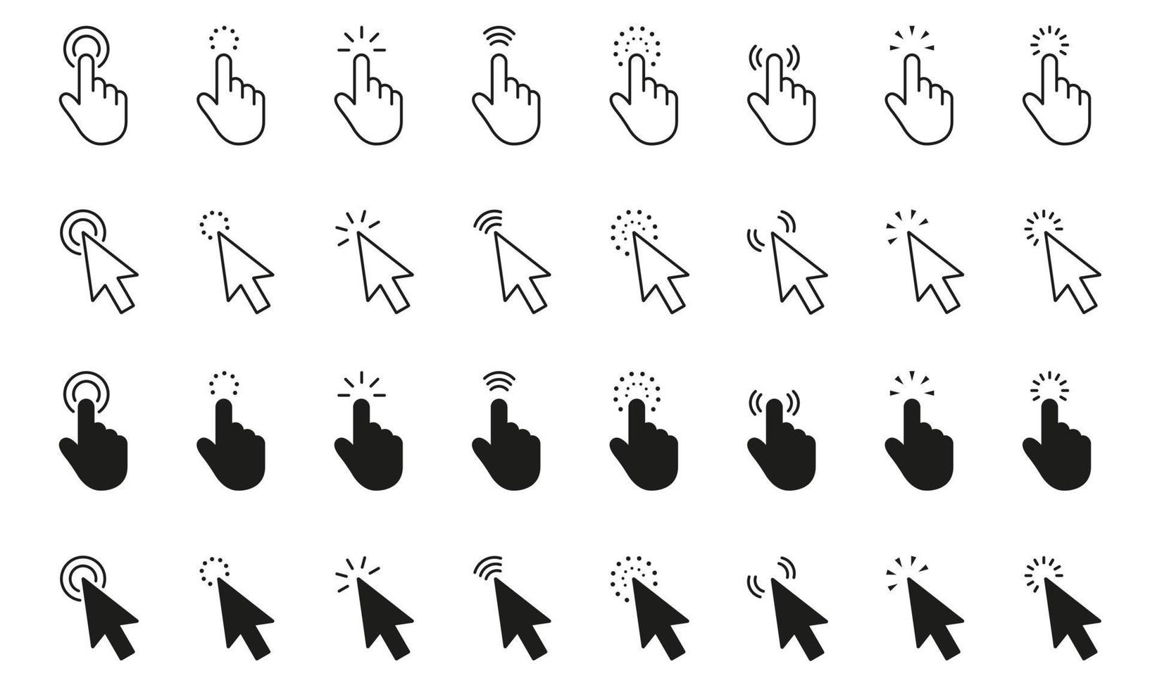 muisklik cursor ingesteld. klik op icoon. muisaanwijzer ingesteld. pijl en handcursor. aanwijzer cursor lijn pictogrammen. vector illustratie