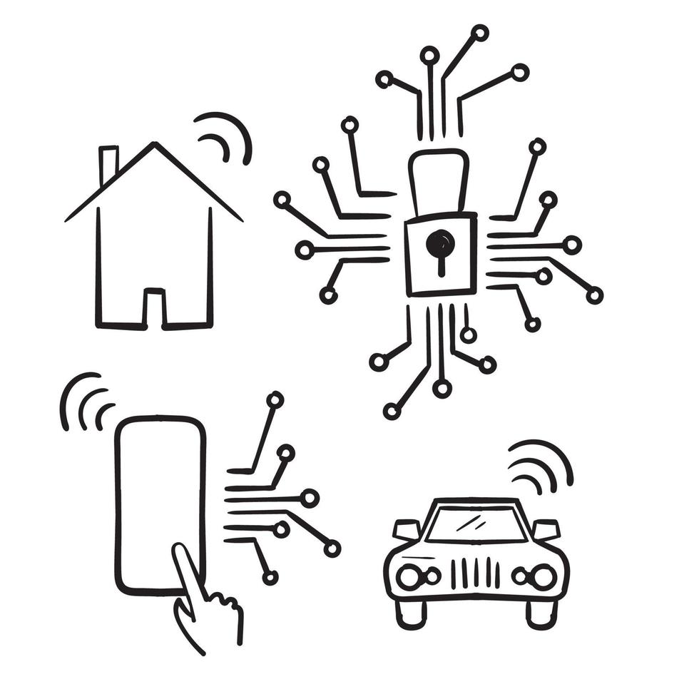 hand getrokken doodle internet van dingen iot gerelateerde illustratie icoon collectie geïsoleerd vector