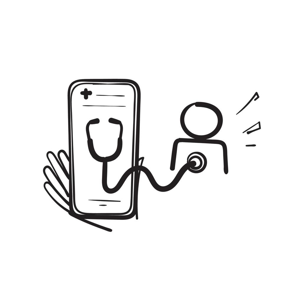 hand getrokken doodle mobiel en stethoscoop symbool voor online arts illustratie vector