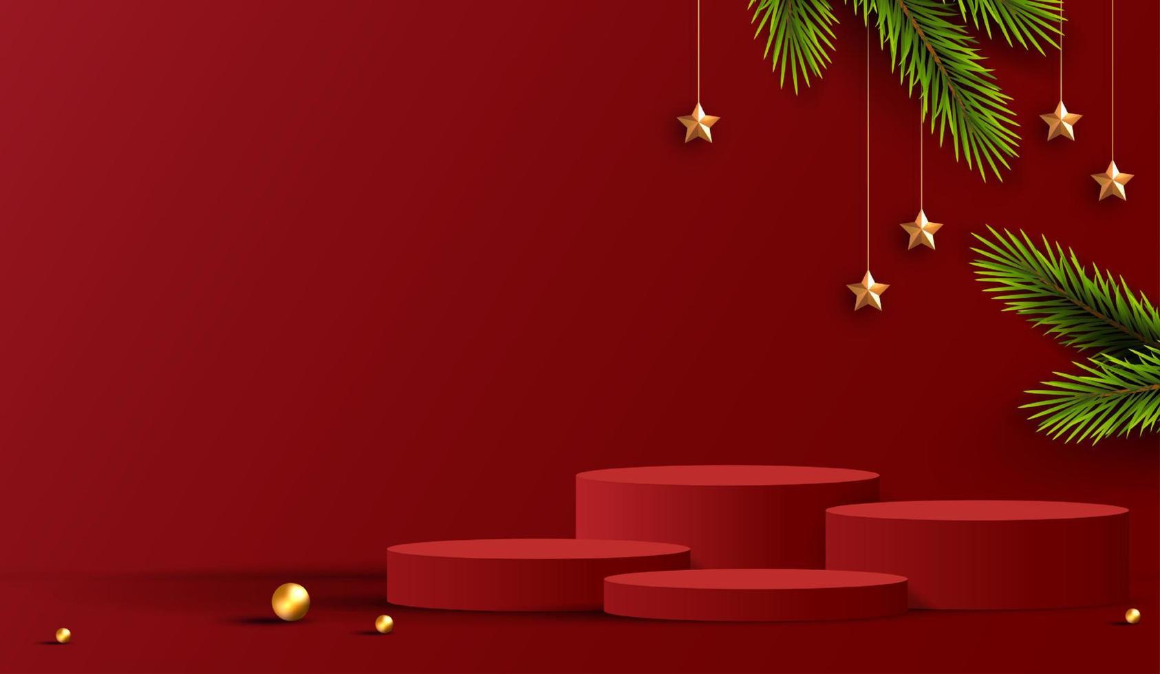 vrolijk kerstfeest is de vorm van het geometriepodium voor de weergave van cosmetische producten. podium sokkel of platform. winter kerst rode achtergrond met boom xmas voor promotie product. vector ontwerp