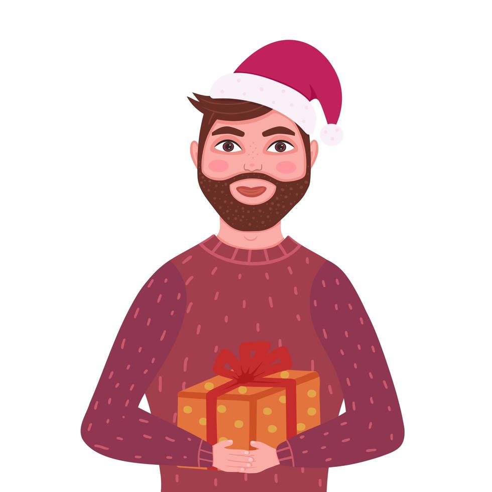 man met kerstmuts en met een cadeau, man, vader, vriend, zakenpartner, collega. illustratie voor achtergronden, wenskaarten en seizoensgebonden ontwerp. geïsoleerd op een witte achtergrond. vector