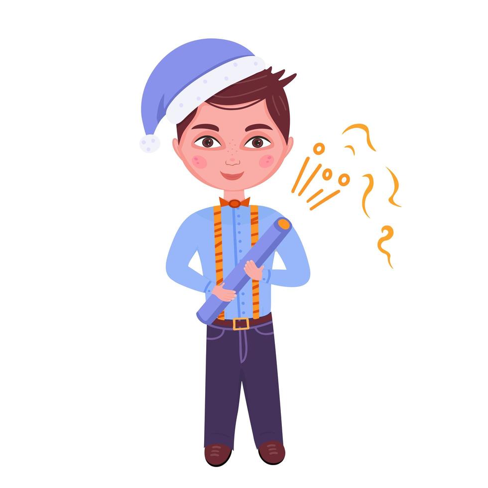 jongen in kerstmuts met popper. illustratie voor afdrukken, achtergronden, covers, verpakkingen, wenskaarten, posters, stickers, textiel, seizoensontwerp. geïsoleerd op een witte achtergrond. vector