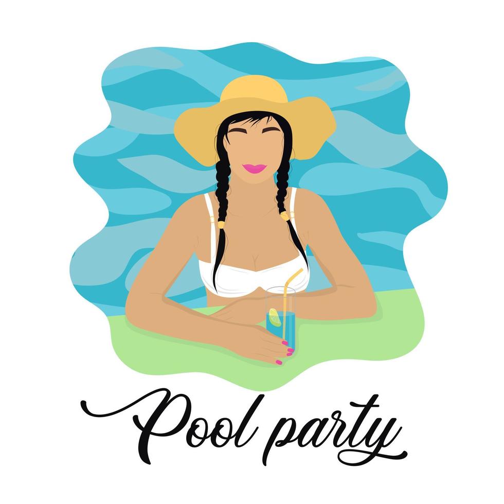 pool party uitnodiging baner met meisje in hoed in het zwembad. vector