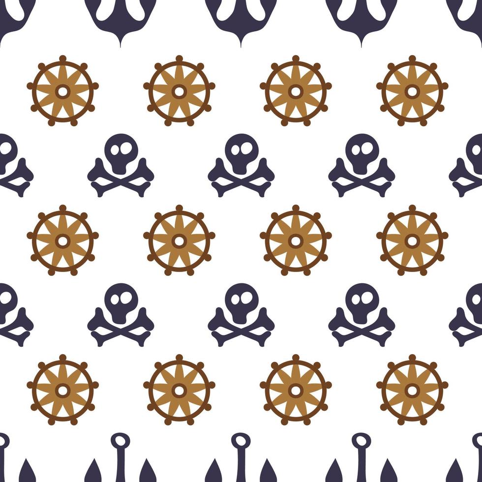 naadloos patroon met cartoon piratenschedel, botten, anker en stuur vector
