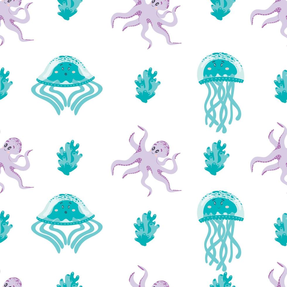 naadloos patroon met octopus, kwallen en koraal, algen. pastel. decor voor een kinderkamer vector