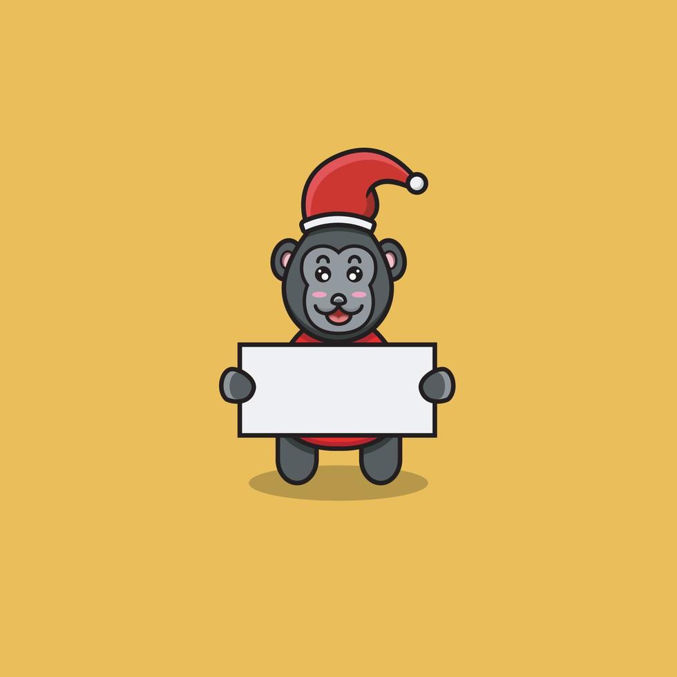 schattige babygorilla met kerstmankostuum en breng blanco papier mee. karakter, mascotte, icoon, logo, cartoon en schattig design. vector