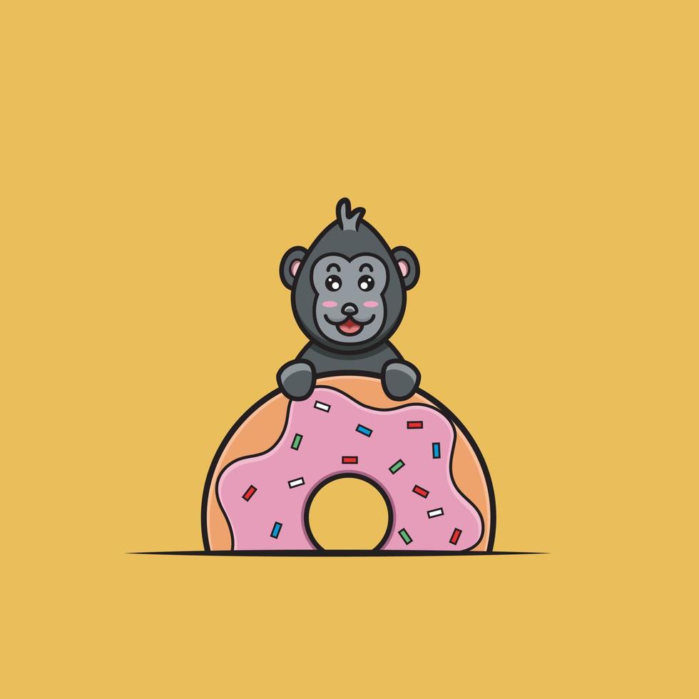 schattige babygorilla met donuts. karakter, mascotte, icoon, logo, cartoon en schattig design. vector