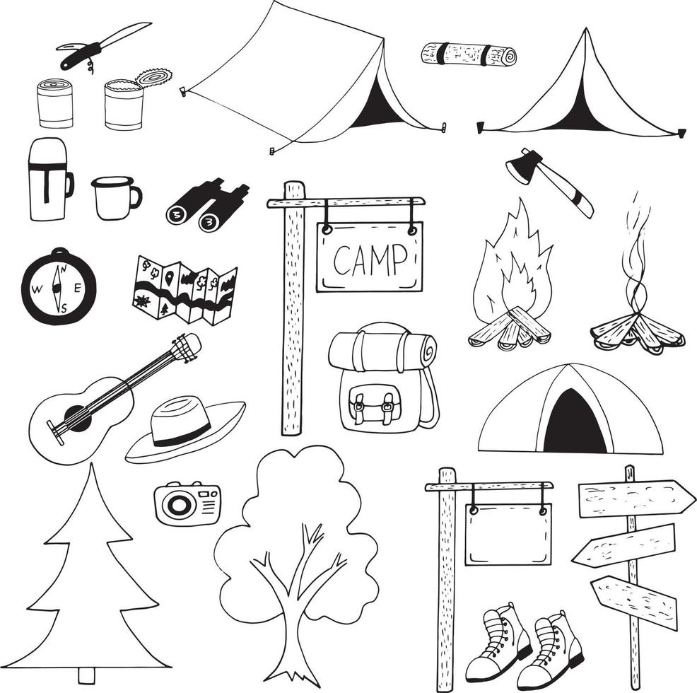 kamp ingesteld pictogram. hand getrokken doodle. , scandinavisch, noords, minimalisme, zwart-wit wandeling vreugdevuur tent ingeblikt voedsel rugzak vector