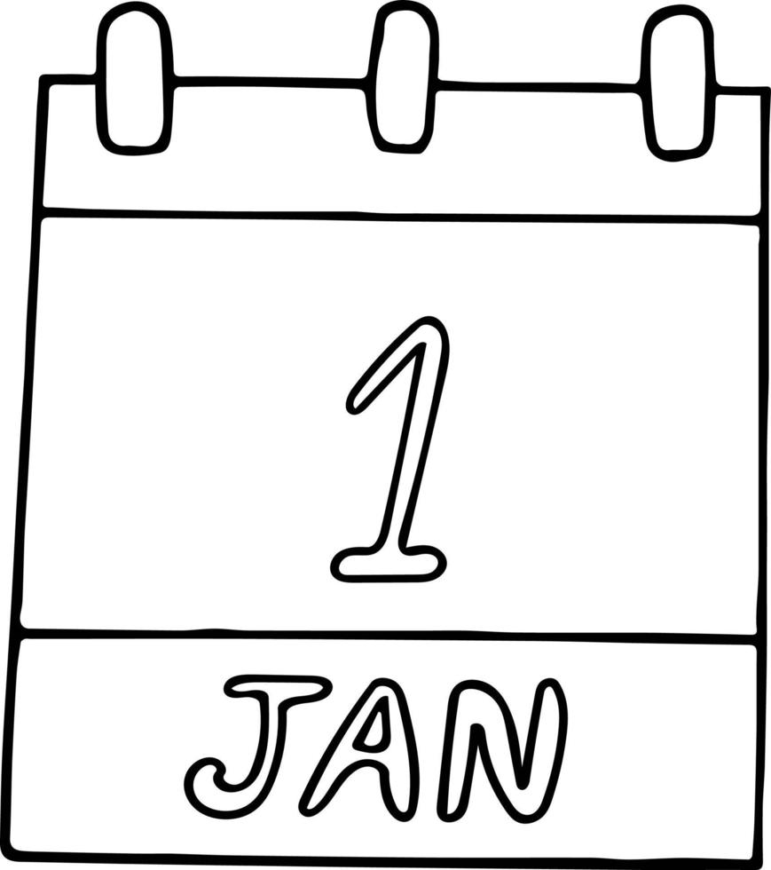 kalender hand getekend in doodle stijl. 1 januari. nieuwjaar, dag, datum. pictogram, stickerelement voor ontwerp. planning, zakenvakantie vector