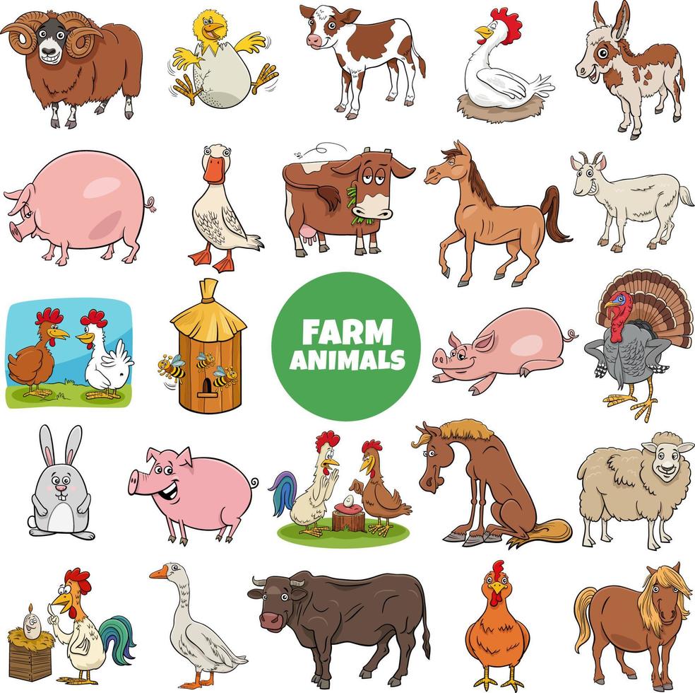 grappige cartoon boerderij dieren karakters grote set vector